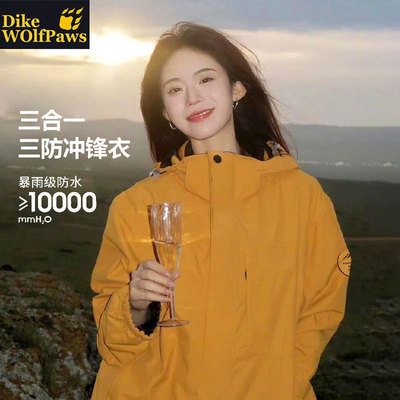 黄色冲锋衣女款2025新款防风防水三合一户外徒步情侣川西登山外套