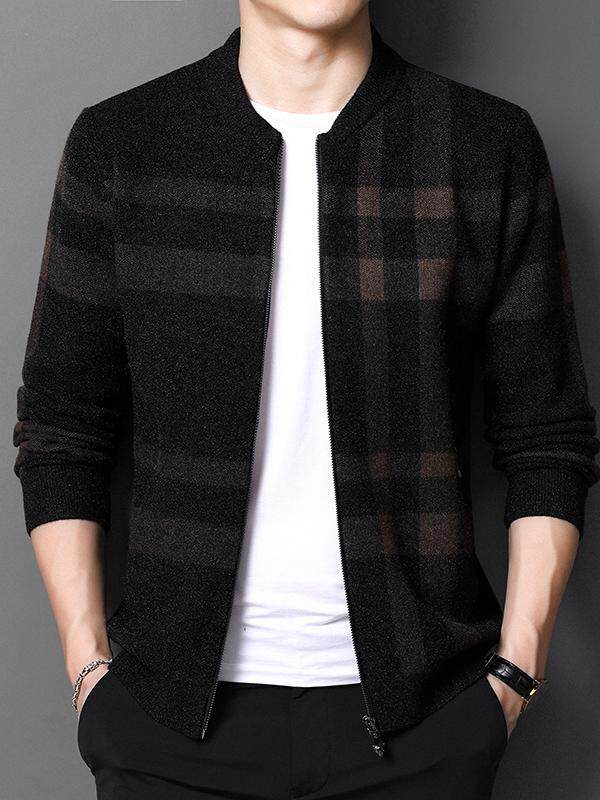 FALL WINTER KNITTED WOOL CARDIGAN MENS BUSINESS CASUAL PLAID BASEBALL COLLAR CASHMERE SWEATER HIGH END MENS OUTERWEAR