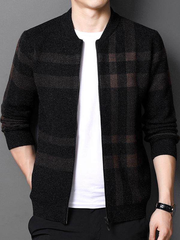 FALL WINTER KNITTED WOOL CARDIGAN MENS BUSINESS CASUAL PLAID BASEBALL COLLAR CASHMERE SWEATER HIGH END MENS OUTERWEAR
