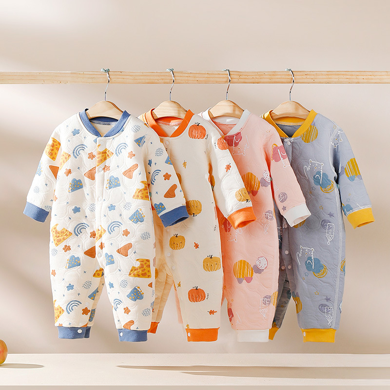 0-2个月1岁半婴儿连体衣三层夹棉保暖新生儿棉衣棉裤宝宝加厚睡袋