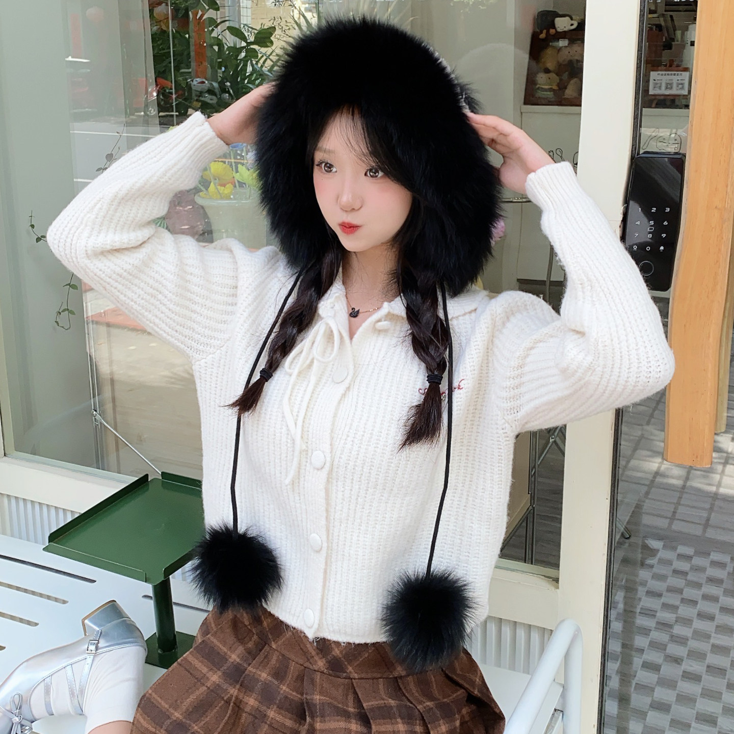 护耳雷锋帽百搭针织毛线帽狐狸毛皮草加绒保暖帽子女冬季滑雪帽潮