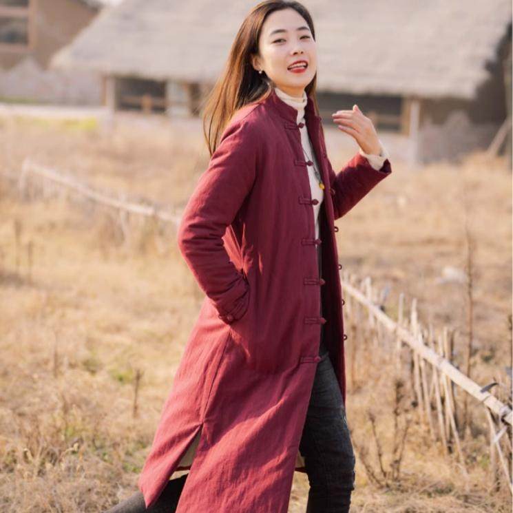 新款复古民族加长保暖纯色夹袄茶艺师加厚外套中国风秋冬中式棉服