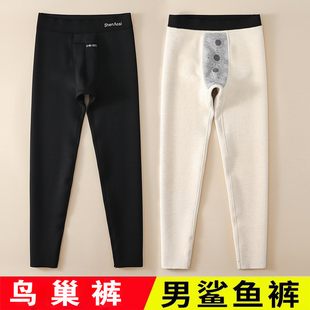 鸟巢男士 薄绒保暖长裤 鲨鱼裤 弹力高腰机车裤 紧身加绒秋裤 秋冬大码