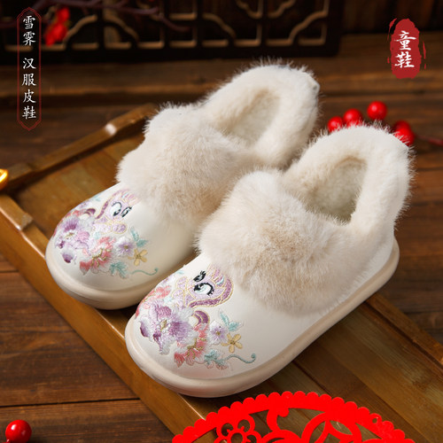 汉服鞋女童冬季加绒古风绣花皮鞋