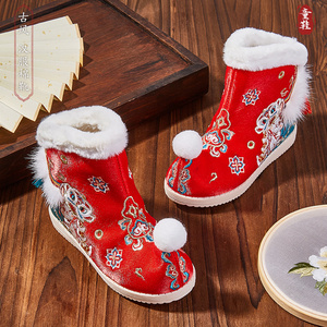 汉服鞋子女童冬季棉鞋翘头民族风手工宝宝布鞋古装加绒儿童拜年鞋