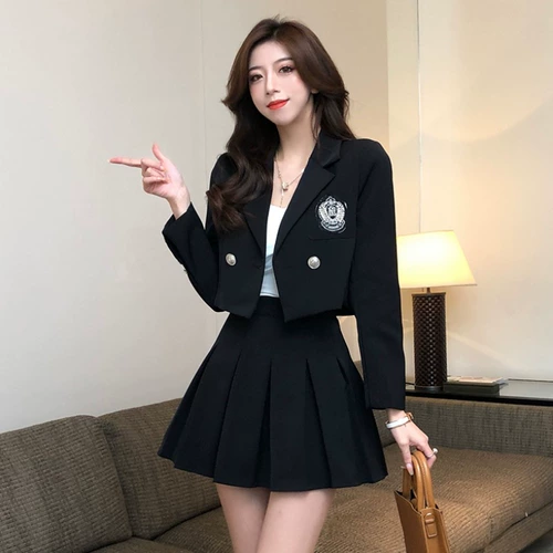 Комплект, пиджак классического кроя, юбка в складку, высокая талия