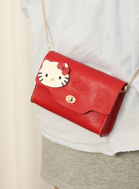 kitty小可爱植鞣牛皮手工斜挎小包包女