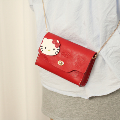 kitty小可爱植鞣牛皮手工斜挎小包包女