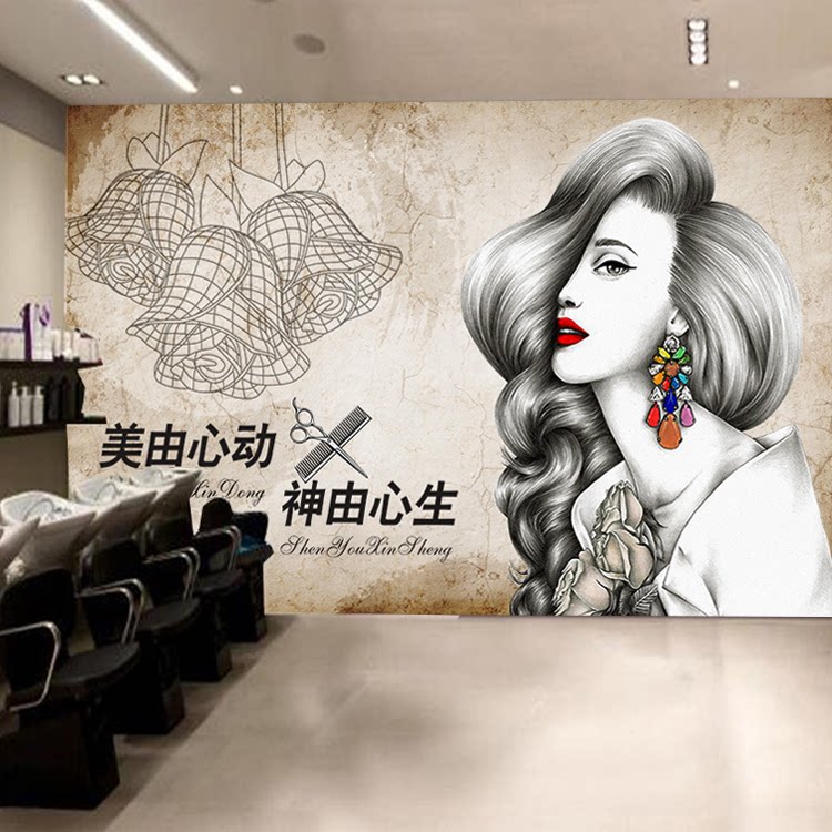 3d壁纸怀旧复古装饰画美发图片发廊背景理发店墙纸定制壁纸贴包邮