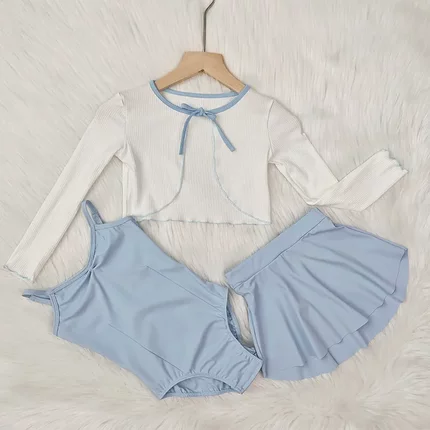 儿童夏季雾蓝吊带练功服锦纶尼龙舒适女童跳舞套装三件套舞蹈服