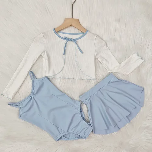 儿童夏季雾蓝吊带练功服锦纶尼龙舒适女童跳舞套装三件套舞蹈服
