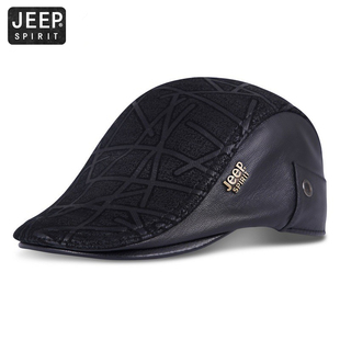 JEEP吉普真皮帽子男中老年爸爸羊皮贝雷帽保暖鸭舌帽秋冬季前进帽
