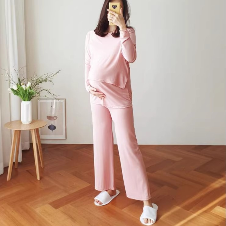 月子服春秋款产后套装韩国代购韩版长袖纯色哺乳睡衣家居服两件套
