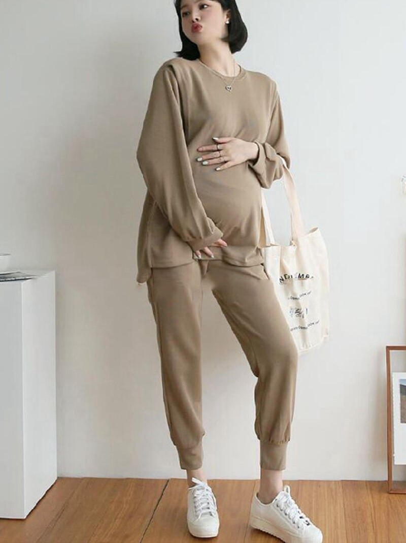 MATERNITY AUTUMN CLOTHES SET KOREA PURCHASING AGENT 2024 NEW OUTING SOLID COLOR CASUAL SPORTS BREASTFEEDING SPRING AND AUTUMN TWO-PIECE SET