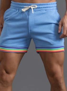 高档纯棉夏季运动短裤男彩虹织带休闲修身薄款训练跑步健身三分裤
