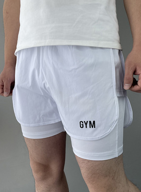 双层速干运动短裤男，黑色短裤男生白色跑步健身三分裤，时尚潮流