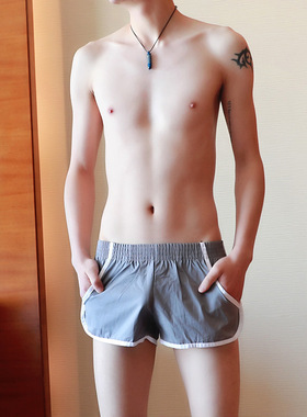 灰色运动短裤男跑步健身超短3分裤 三分裤男潮流防走光阿罗裤性感