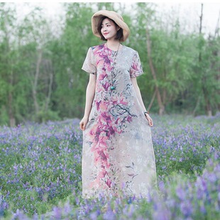 夏季天丝棉麻印花短袖连衣裙女 民族风复古宽松圆领休闲大码长裙