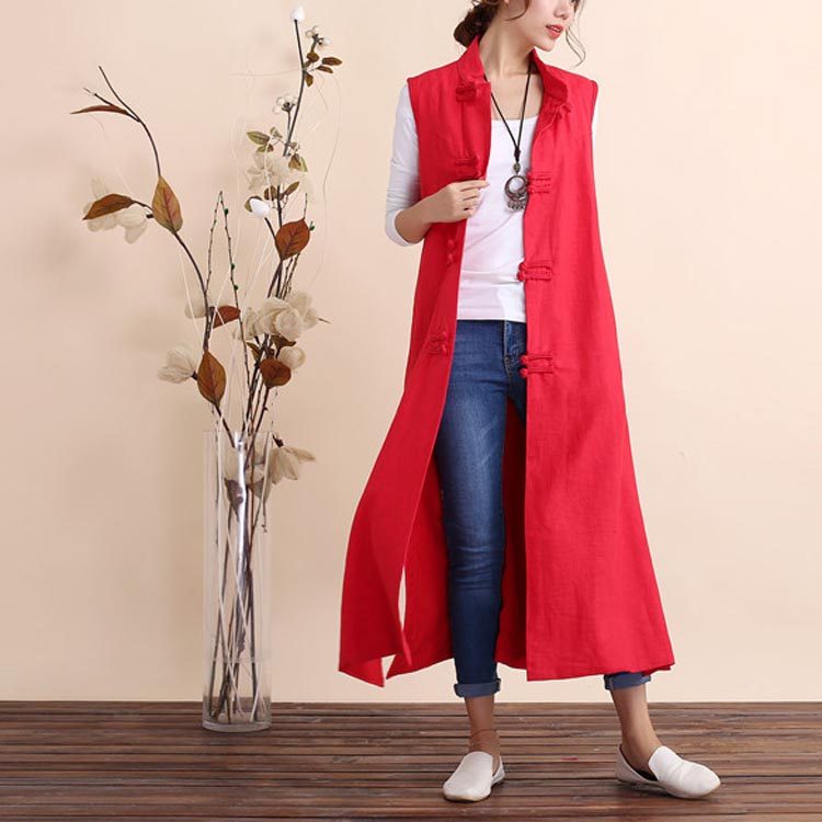 民族风2024春夏季棉麻中式长款盘扣马甲女 复古无袖背心外搭风衣