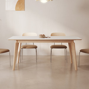 日式原木奶油风格岩板餐桌椅组合