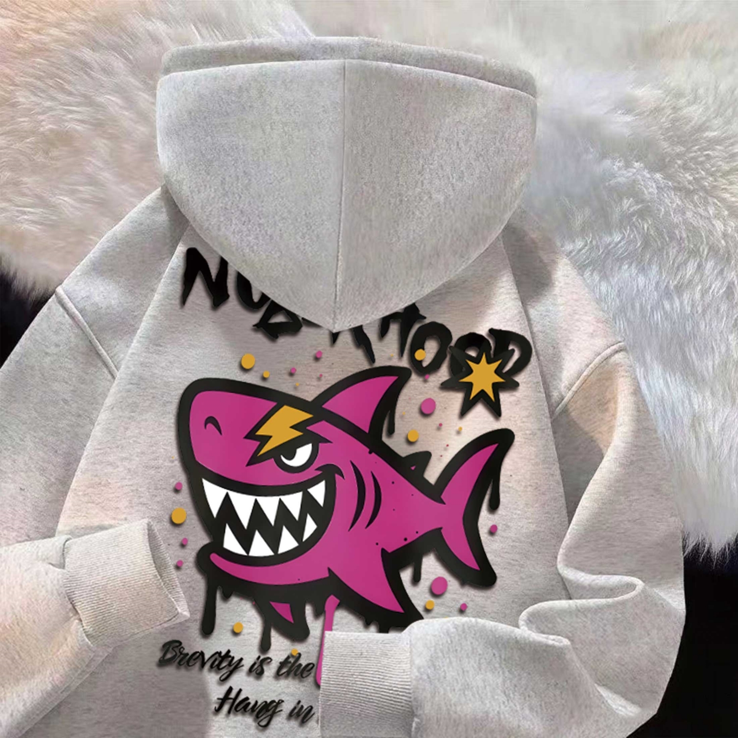 秋冬季新款涂鸦粉鲨加厚连帽卫衣
