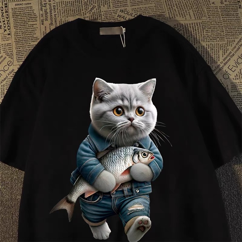 美式复古猫抱鱼纯棉重磅短袖t恤男女潮牌街头风oversize半袖上衣