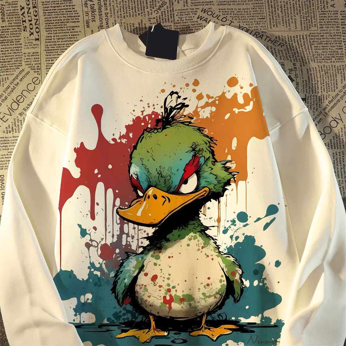 美式潮牌鸭子涂鸦印花卫衣男女春秋薄款松慵懒风复古vintage外套