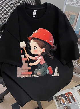 简约休闲风黑色短袖卡通印花T恤男女同款宽松潮流上衣纯棉新款