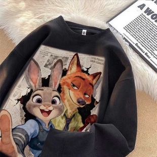 疯狂动物城朱迪尼克印花新款卫衣男动漫主题个性潮流加绒休闲上衣