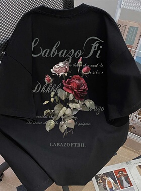 复古油画玫瑰印花短袖t恤夏季宽松大码黑色设计感小众情侣体恤衫