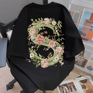 新款纯棉法式花朵防刺绣S字母T恤 温柔风宽松短袖同款ins潮流上衣