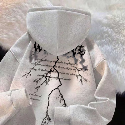 暗黑闪电英文诗句加厚连帽卫衣男