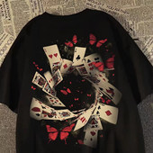 100%纯棉夏季 t恤学生宽松情侣装 美式 潮牌ins旋转扑克蝴蝶印花短袖