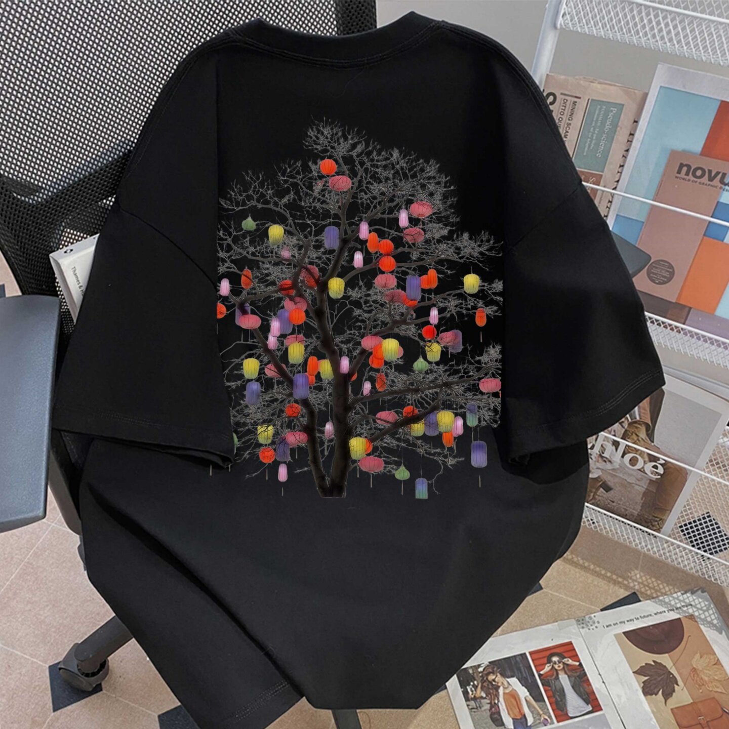 国风许愿树彩色灯笼印花短袖T恤新中式宽松oversize情侣半袖上衣