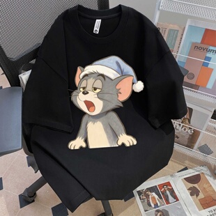 猫和老鼠汤姆猫短袖T恤男夏季新款潮牌宽松纯棉半袖情侣上衣衫
