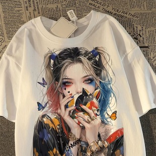 100%纯棉美式甜酷小丑女人物短袖t恤男圆领学生印花体恤上衣潮牌