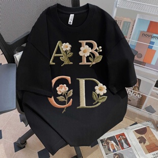 新纯棉复古花卉字母ABCD印花T恤男女宽松黑色纯棉情侣款 上衣 短袖