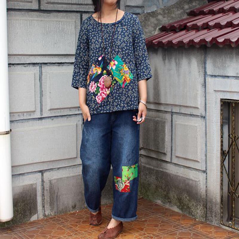 复古贴布碎花宽松套头上衣女夏季