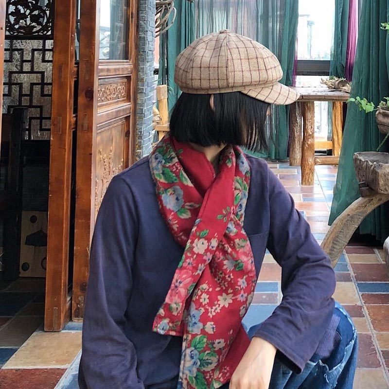 民族风棉麻好搭配怀旧印花长方形围脖女 秋冬季夹棉复古保暖围巾