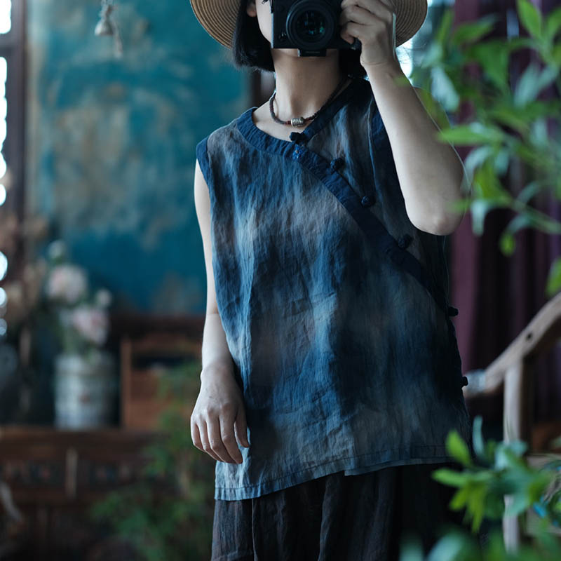 新中式苎麻色织无袖衬衫女夏宽松