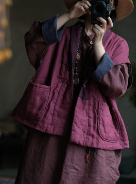 夹棉复古亚麻汉服马甲坎肩女秋冬