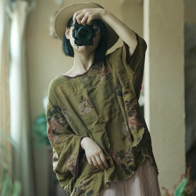 复古纯棉印花宽松毛边T恤女夏秋