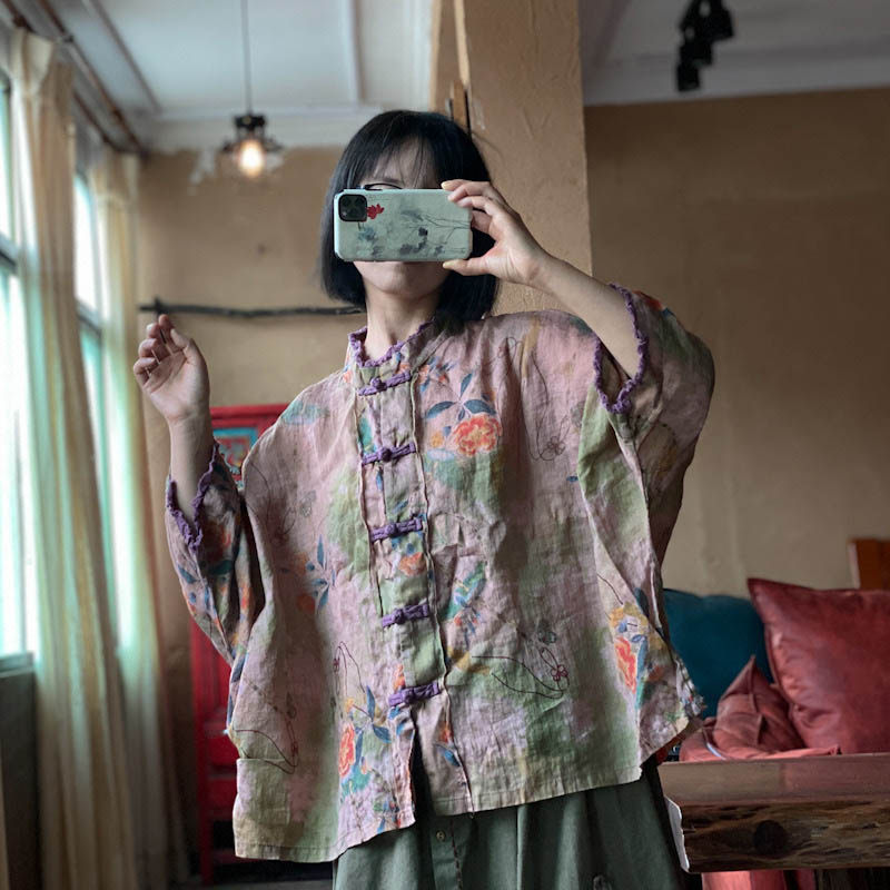 苎麻印花宽松版半袖衬衫女中式夏