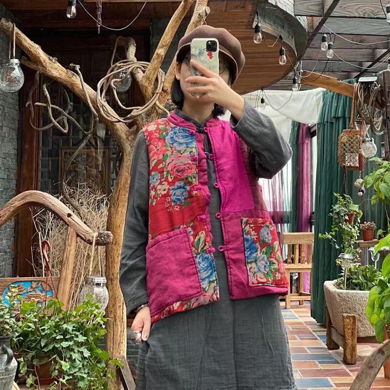 中式拼花布短款马甲女秋冬宽松
