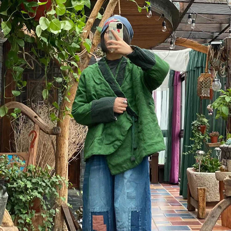纯亚麻拼布汉服禅意薄棉衣女秋冬