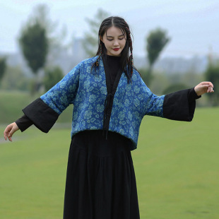 民族风秋冬季汉服七分袖棉衣女 棉麻拼接撞色喇叭袖加厚短款外套