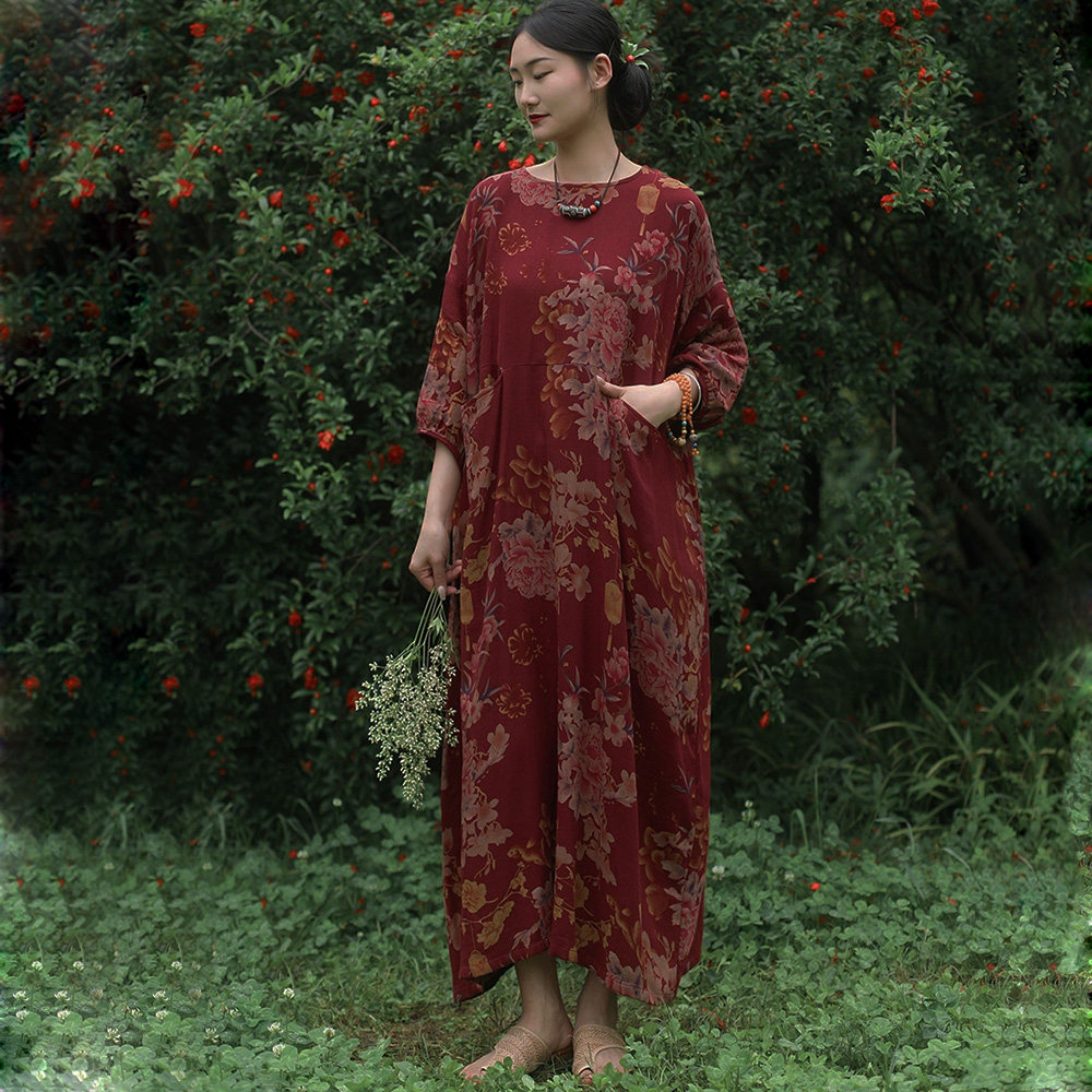 民族风棉麻印花七分袖连衣裙女夏