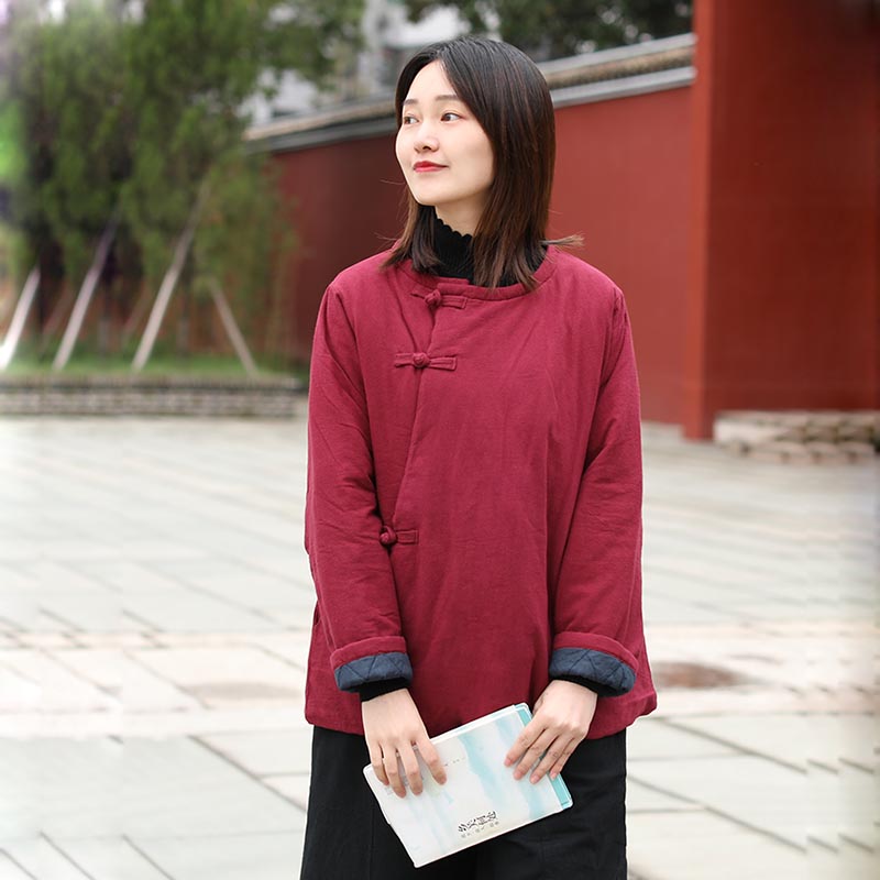 棉麻短款宽松纯色棉衣复古女秋冬