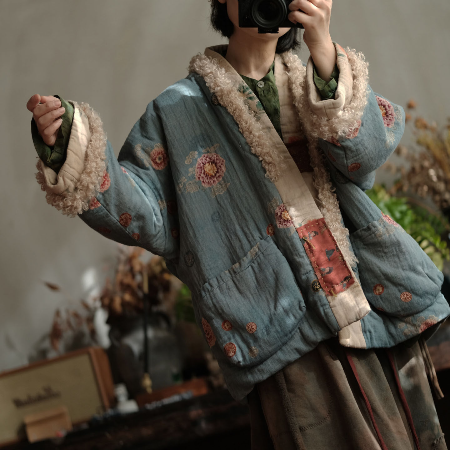 复古文艺羊羔绒拼接宽松棉衣女冬