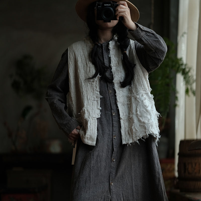 棉麻拼接毛边个性马甲女秋装中式